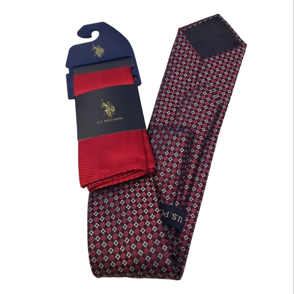 U.S. Polo Assn. Tie & Pocket Square Set Red & Black